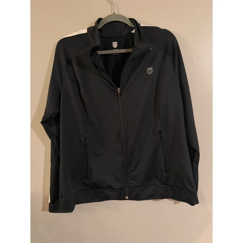 K-Swiss Mens Track Jacket Black White Full Zip Athletic Sportswear XL fits L